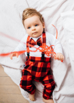 Squared black-red set  - trousers, body with bowtie and braces