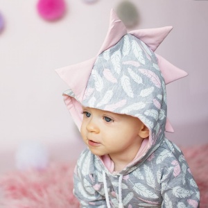 Dino Blouse feathers on gray with hood